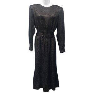 VTG 80s Cadaz Silk Dress Black Silk Floral Jacquard Gothic Glam Formal Size 14